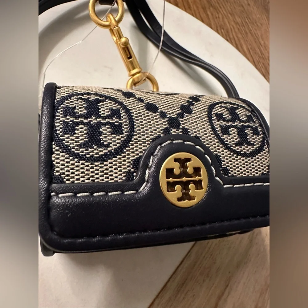 NWT! NEW! Tory Burch T Monogram Jacquard Leather Airpods Case Mini Bag -Navy